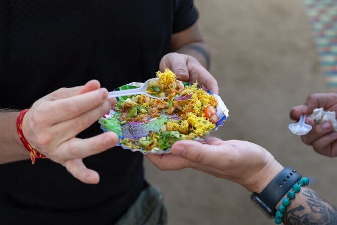 Mumbai Street Food & Temple Tour: Hidden Markets & Night Bazaar - Chowpatty Beach: pav bhaji and pani puri with the sun going down